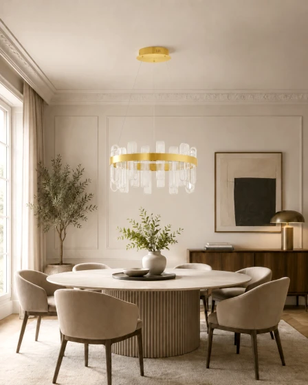 Candeeiro de teto Argo D60 dourado com anel e tubos de vidro sobre mesa de jantar