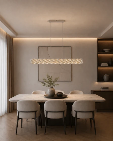 Candeeiro de teto Arietta linear suspenso sobre mesa de jantar minimalista