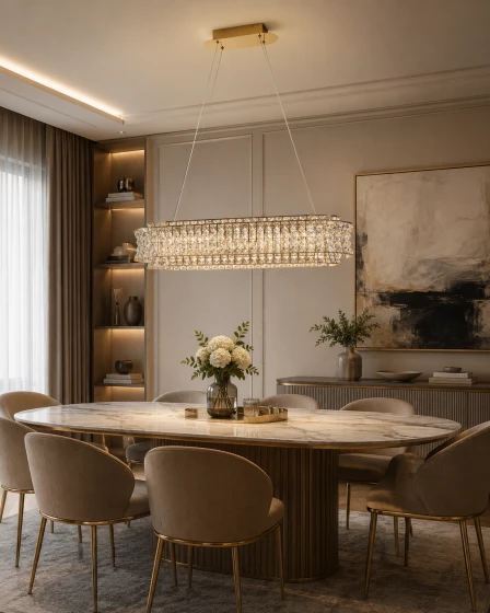 Candeeiro de teto Celysia Gold retangular com cristais suspenso sobre mesa de jantar