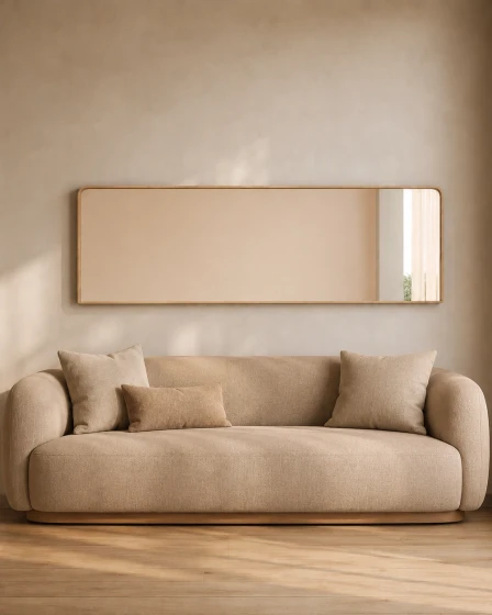 Moldura com espelho Aura retangular de moldura fina acima de sofá bege em sala minimalista
