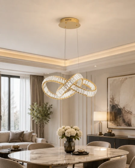 Candeeiro de teto Conceto em laço infinito dourado suspenso sobre mesa de jantar
