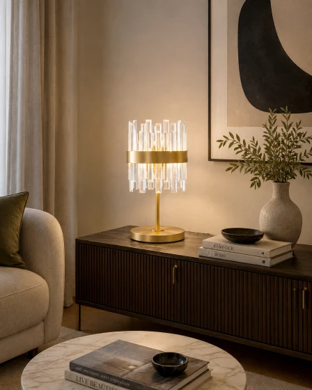 Candeeiro de mesa Crown dourado com tubos de vidro sobre aparador