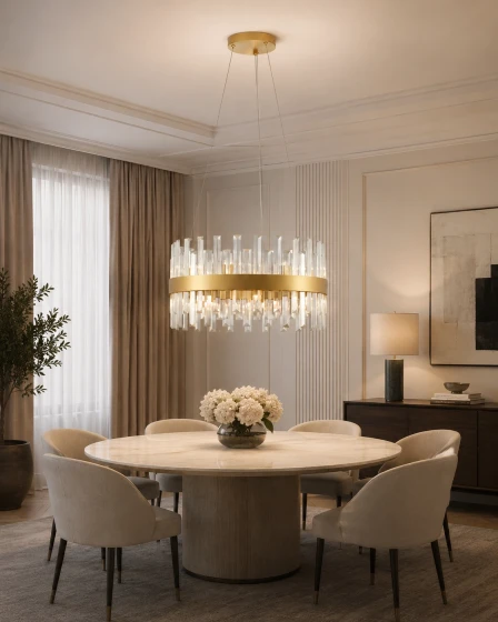 Candeeiro de teto Crown dourado com cristais sobre mesa de jantar