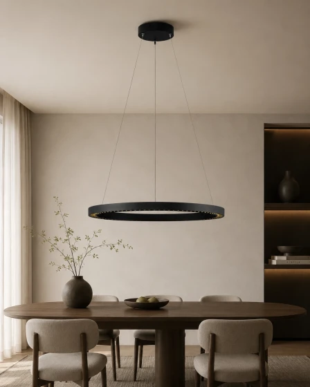 Candeeiro de teto Deos circular preto suspenso com iluminação LED sobre mesa de jantar