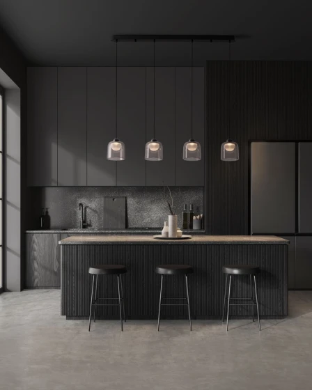 Candeeiro de teto Dione 4L com quatro pendentes de vidro sobre ilha de cozinha moderna