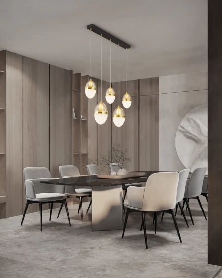 Candeeiro de teto Egna Line com cinco pendentes esféricos dourados sobre mesa de jantar