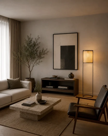 Candeeiro de pé erto junto ao móvel baixo numa sala minimalista