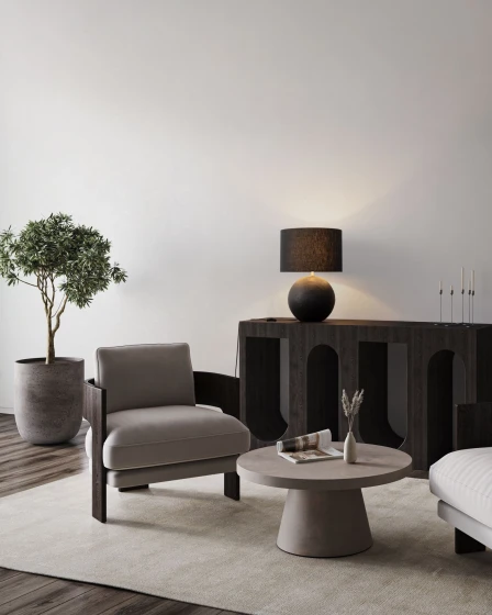 Candeeiro de mesa Ever com base esférica preta e cúpula escura sobre aparador