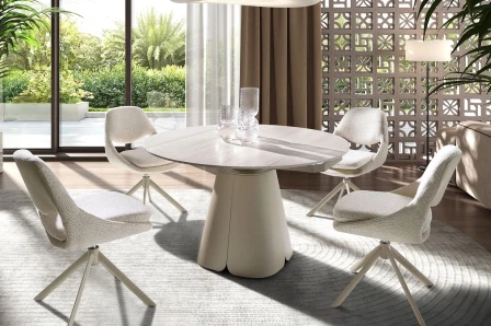 Mesa redonda extensível Zafira branca com base pedestal e quatro cadeiras estofadas