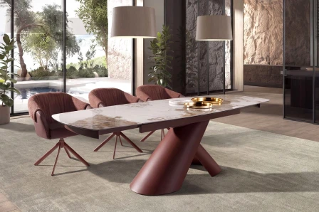Mesa de jantar extensível barril com tampo branco mármore e base cilíndrica cruzada