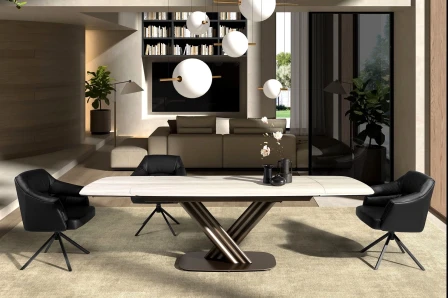 Mesa extensível Lutero com tampo claro e base metálica cruzada em sala moderna