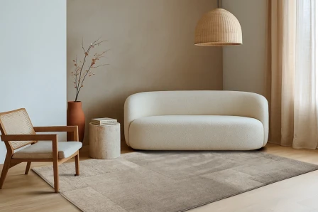 Tapete mosaico bege com padrão geométrico suave numa sala minimalista