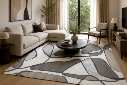 Tapete Orbit com padrão abstrato cinzento e preto numa sala de estar luminosa