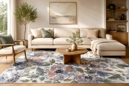 Tapete Petal floral azul e terracota sobre soalho numa sala com sofá bege e mesa baixa.