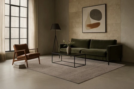 Tapete tweed cinzento numa sala com sofá verde, mesa de centro e poltrona