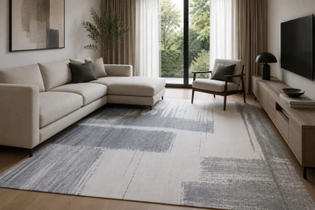 Tapete Urban cinzento com padrão geométrico abstrato numa sala com sofá e janela