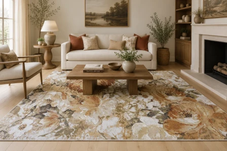 Tapete Eden floral em tons cremes e terra numa sala com sofá branco e mesa de centro
