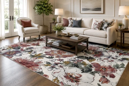 Tapete Lya com padrão floral em tons bordô, bege e verde em sala com sofá e mesa de centro