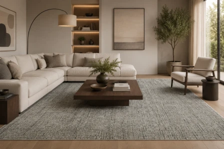 Tapete Maze cinzento texturado numa sala de estar com sofá branco e mesa de centro